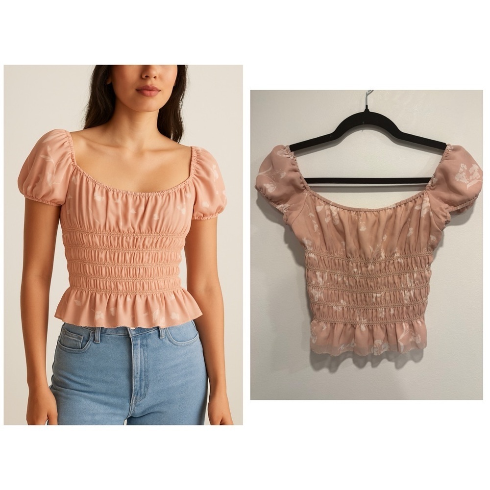 Aritzia Wilfred Puff Sleeve Smocked Peplum Top in Blush Pink Floral XS